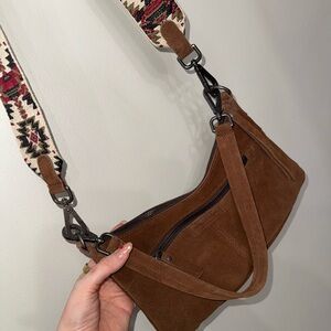 Brown Suede Women's Bag with Patterned Strap